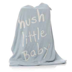 Blue blanket with white hush little baby print