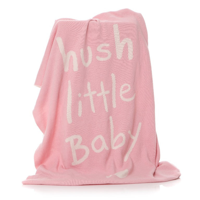 Pink blanket with white hush little baby print
