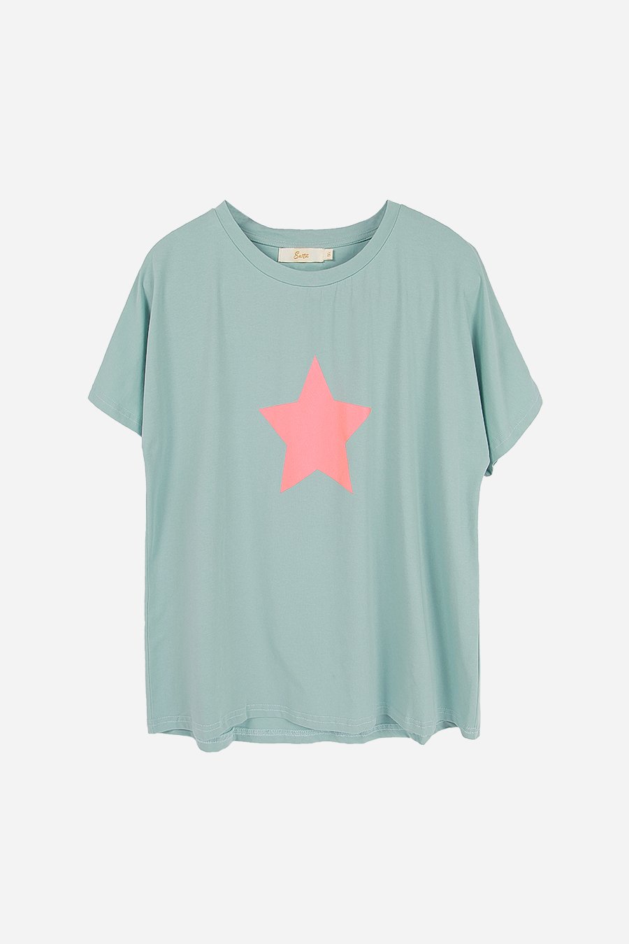 sage green t shirt with pink star