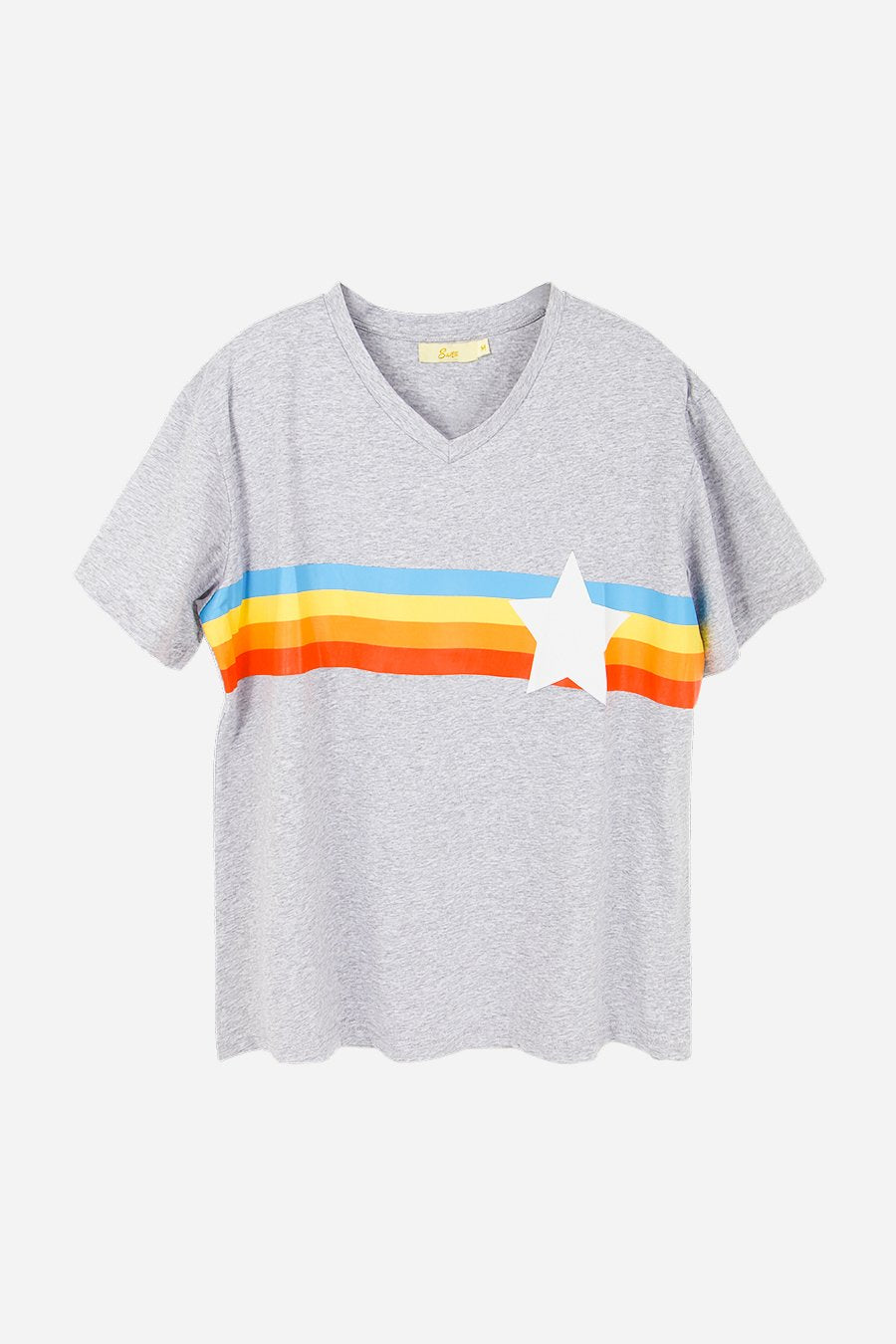 light grey t shirt with rainbow stripes and star