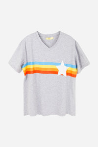 light grey t shirt with rainbow stripes and star