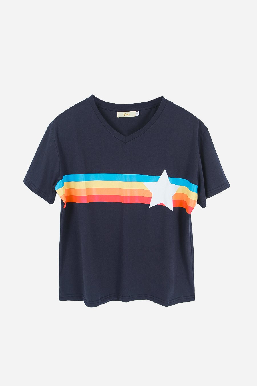 navy t shirt with rainbow stripes and star
