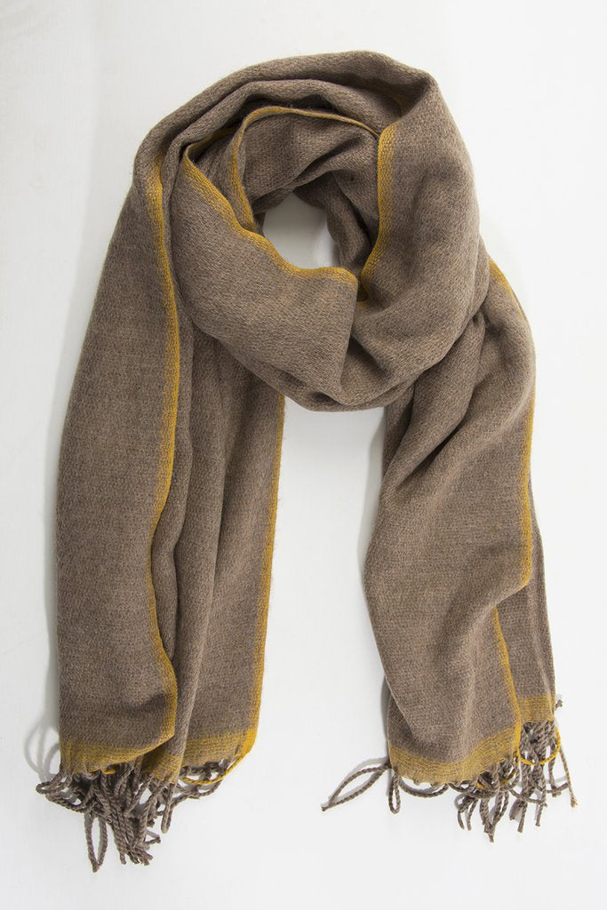 Taupe winter scarf with mustard yellow trim and tassels 