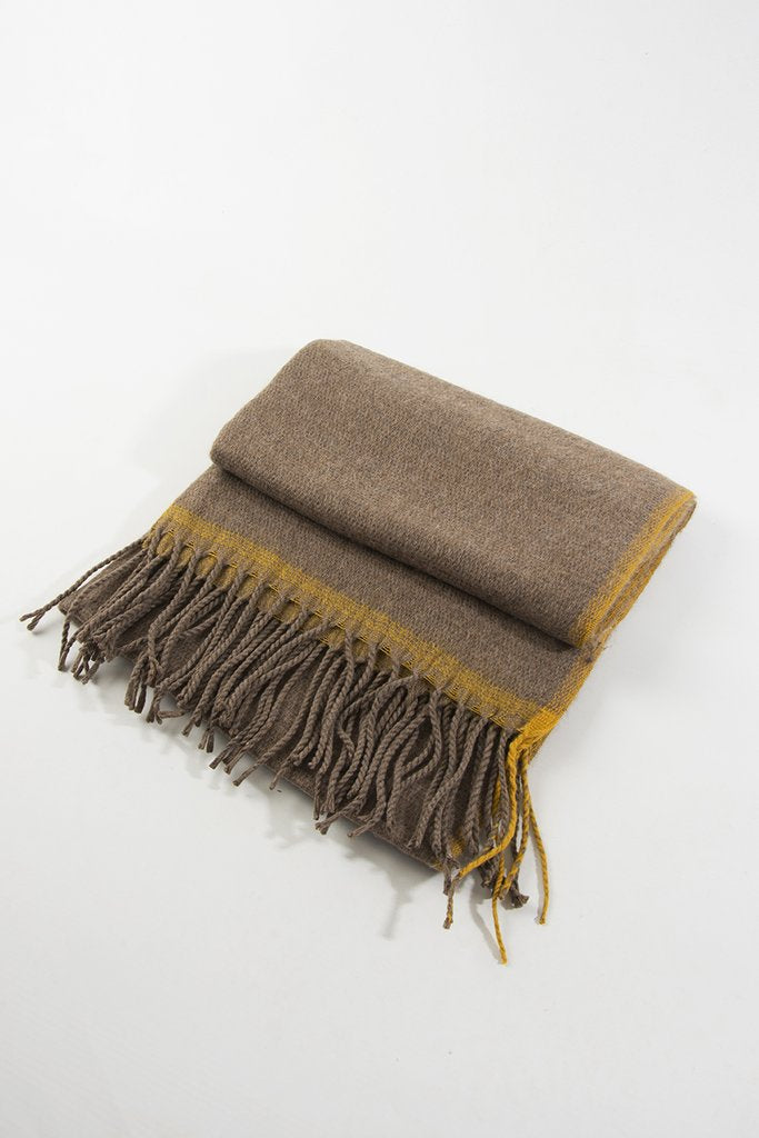Taupe Winter Scarf With Mustard Trim