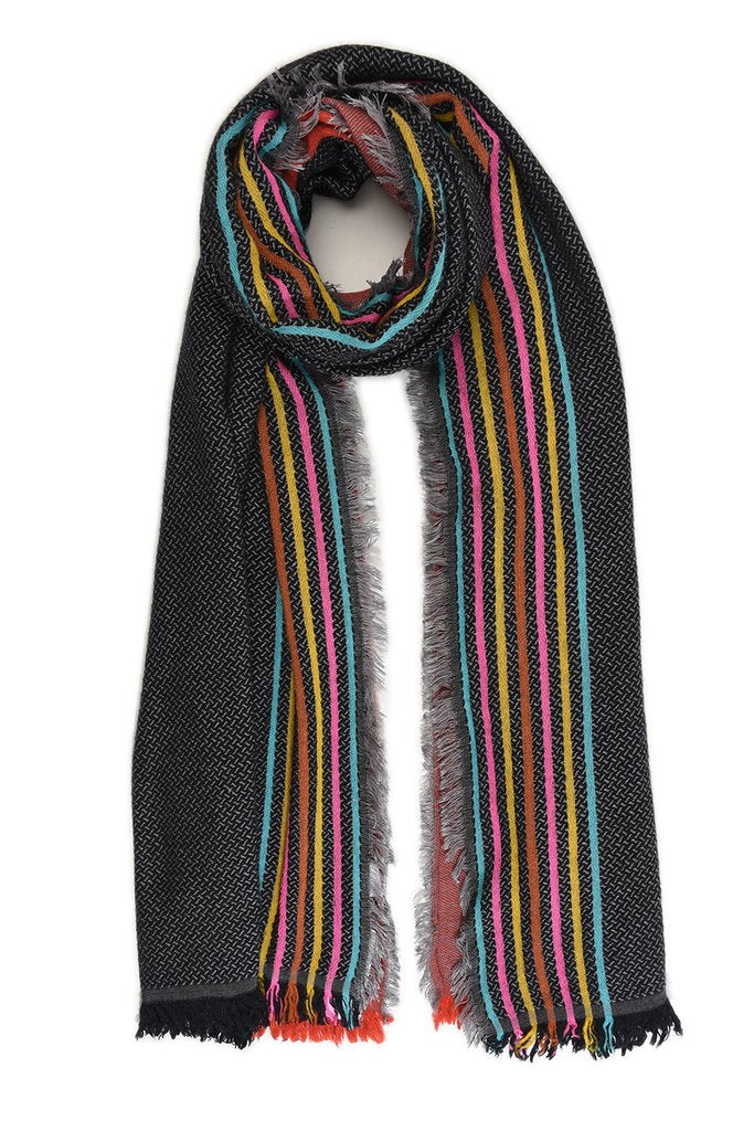 Dark grey winter scarf with rainbow stripe edging