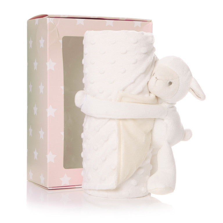 Cream lamb comforter with cream blanket and box packaging