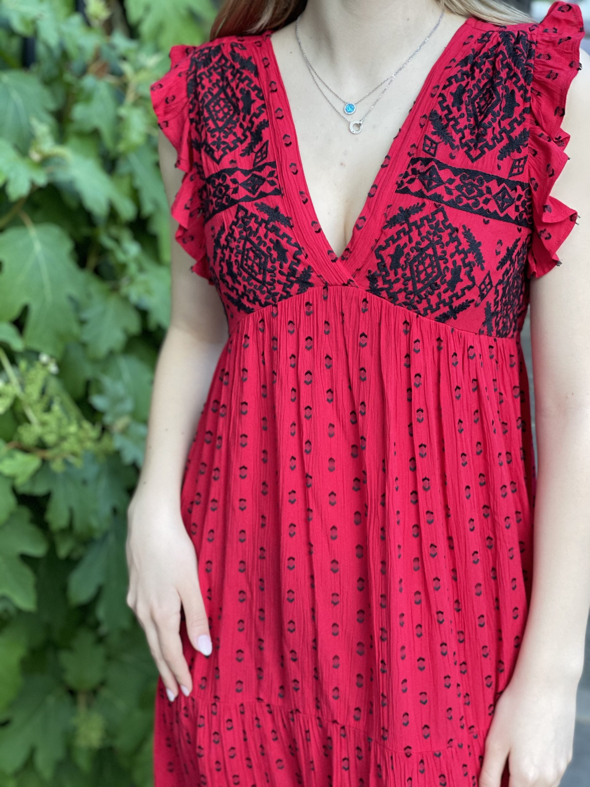 red and black embroidered boho maxi dress 