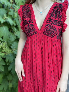 red and black embroidered boho maxi dress 