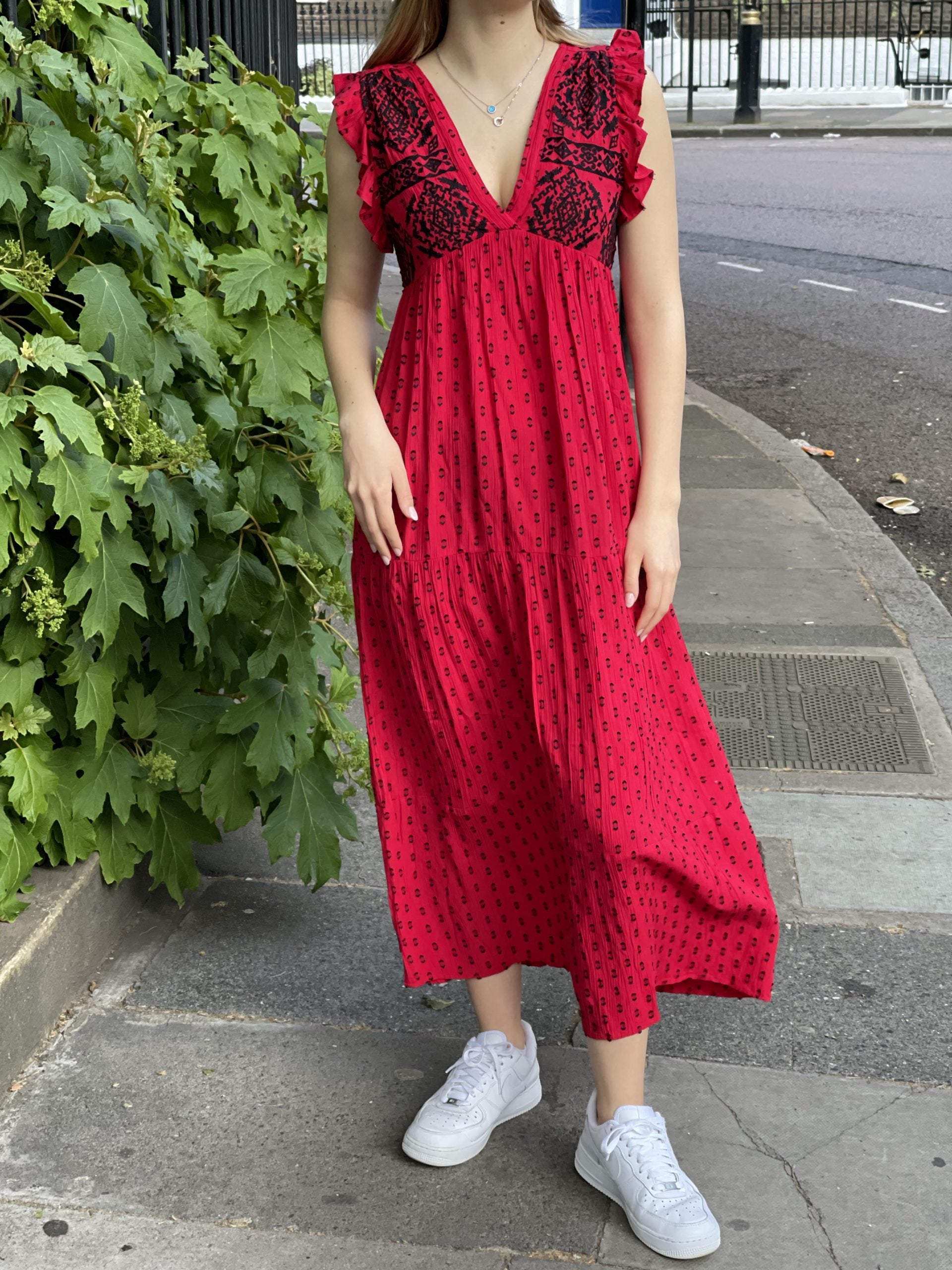 red and black embroidered boho maxi dress 