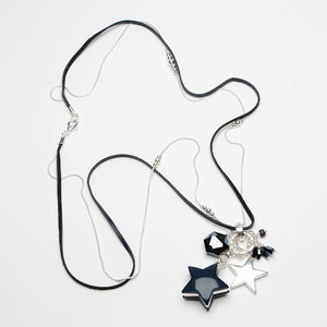 Silver and navy two strand necklace with silver star, navy star and crystal charms