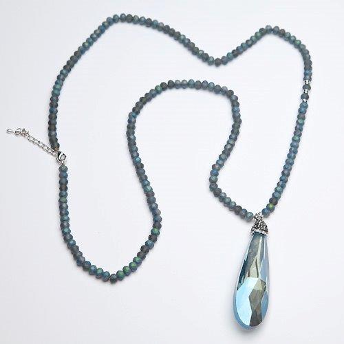 Long pendant necklace with blue beads and blue crystal teardrop