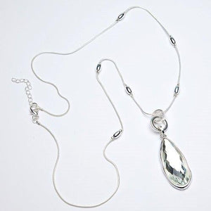 Long silver necklace with thin chain and clear crystal teardrop pendant 