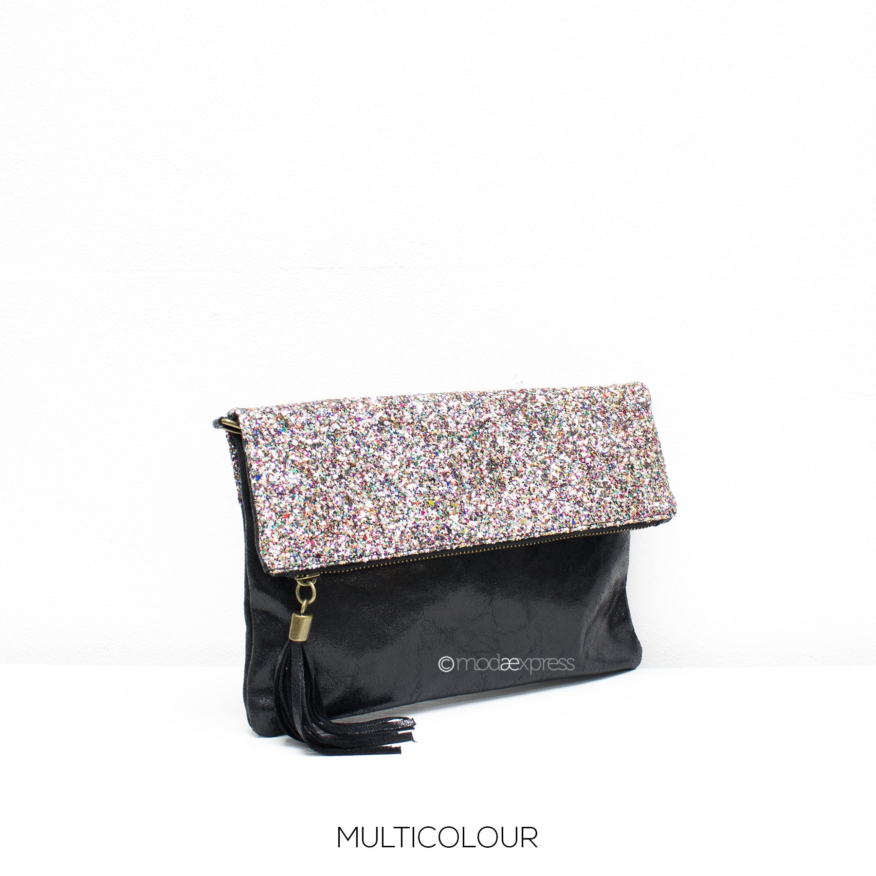 Black leather bag with multicolour glitter fold over and black tassel