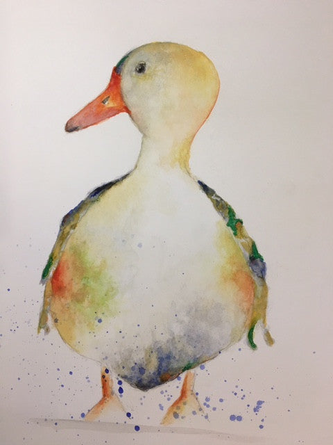 Watercolour print of colourful duck looking left with water splashes at bottom