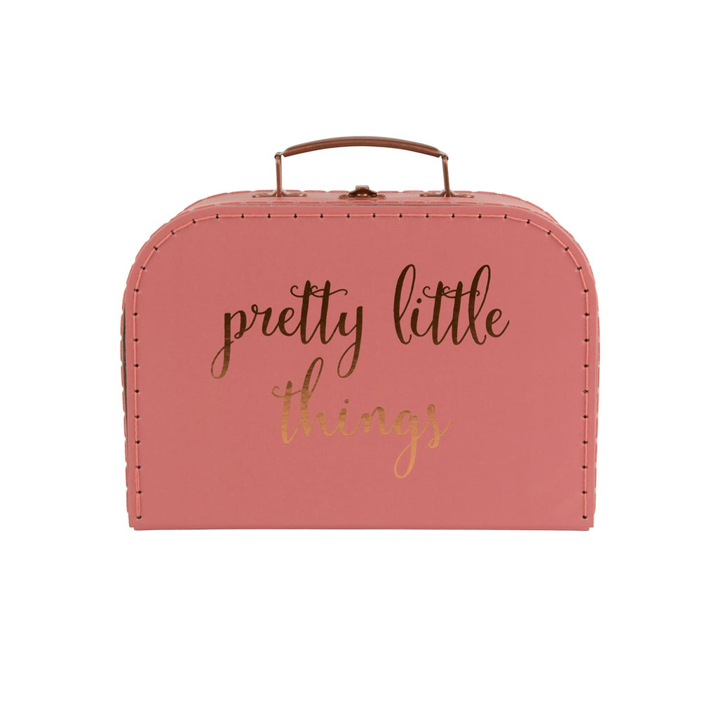 Pink jewellery carry case with gold pretty little thing writing on the front