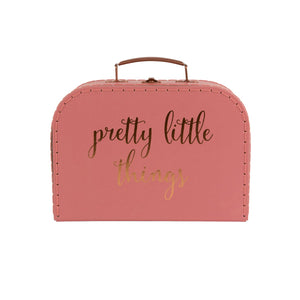 Pink jewellery carry case with gold pretty little thing writing on the front