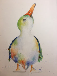 Watercolour print of colourful duck looking up with water splashes