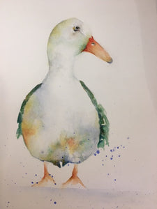 Watercolour print of colourful duck looking right with water splashes 