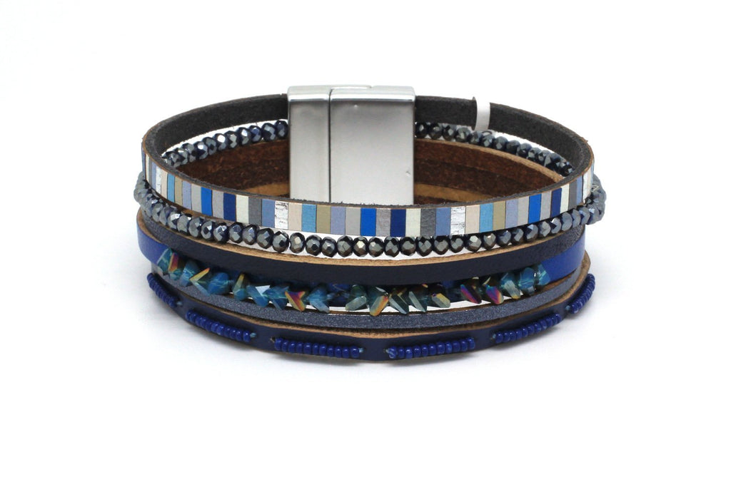 Multi strand leather bracelet with beads and magnetic clasp