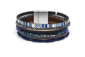 Multi strand leather bracelet with beads and magnetic clasp
