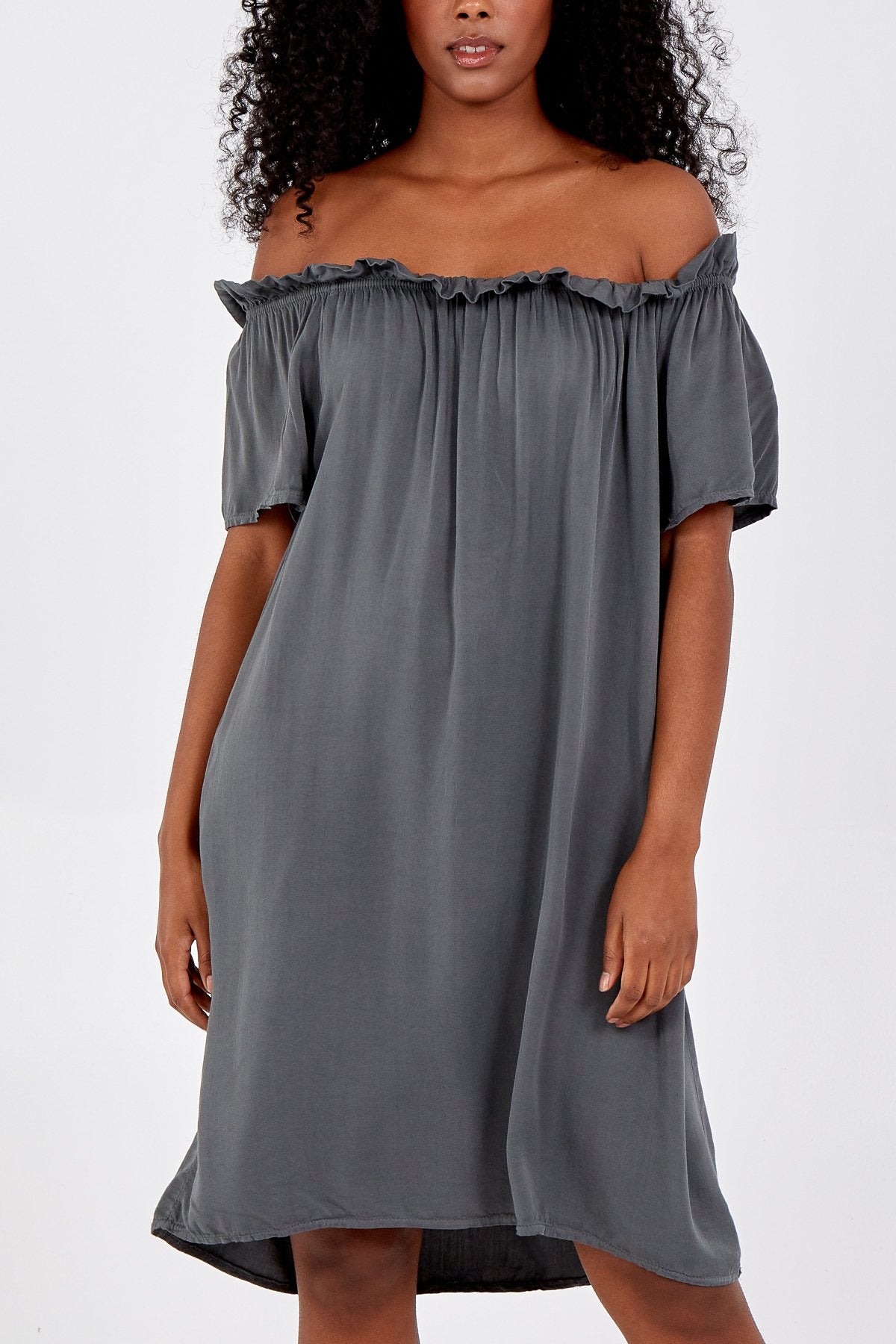 Grey knee length bardot dress with short sleeves 