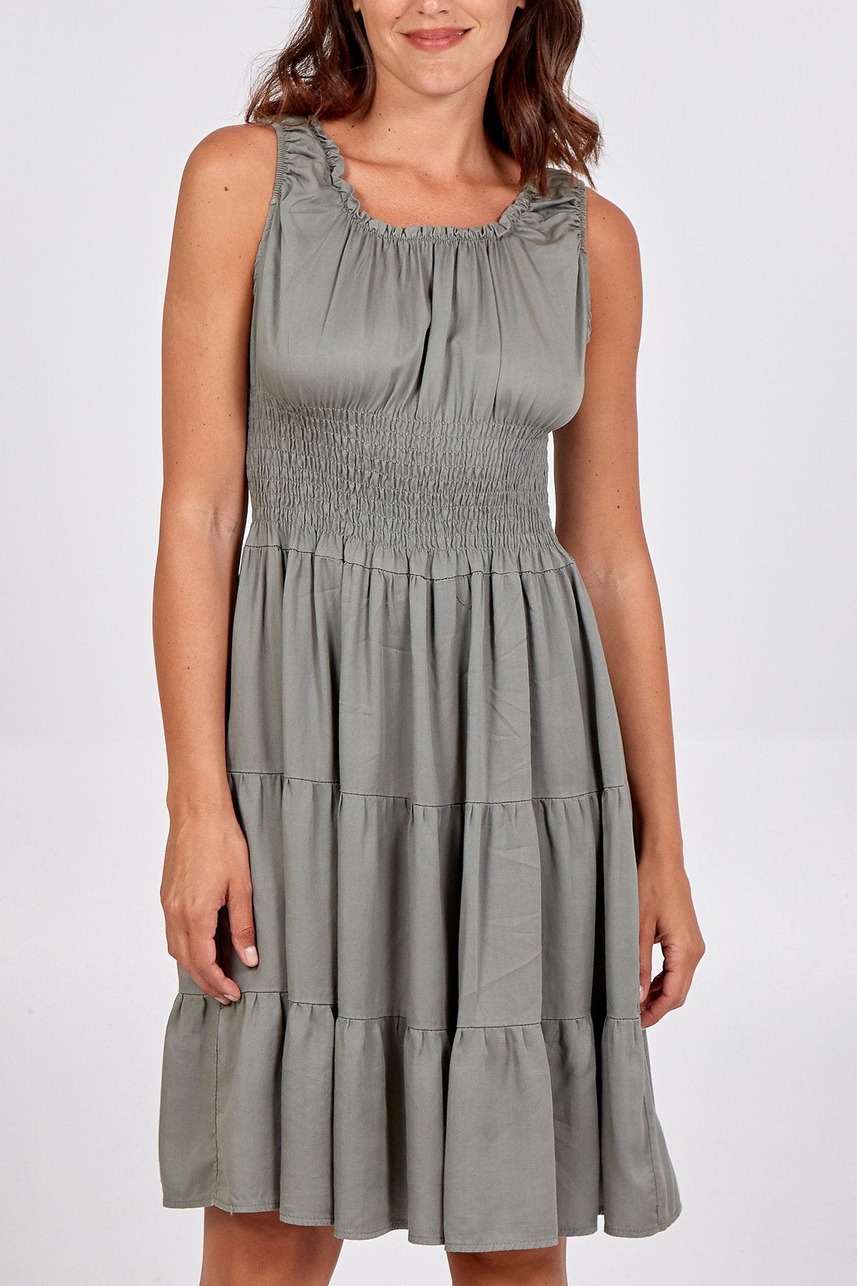 Tiered shirred waist strappy summer dress in silver grey
