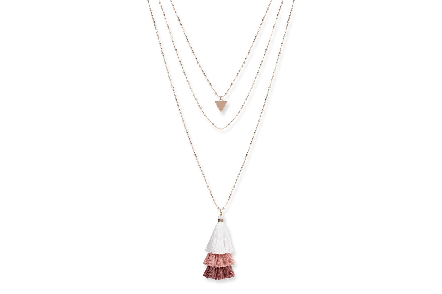 three strand rose gold necklace with pink and white tassels and triangle charm