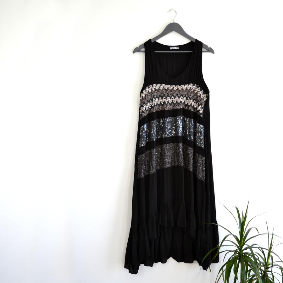 Long black dress with sequin aztec design on front panel 