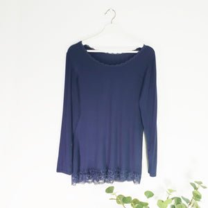 Long Sleeve Top With Lace Trim - Navy