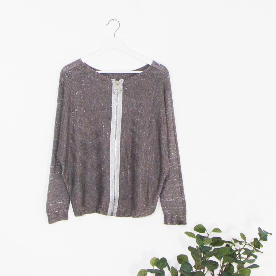 Taupe glitter batwing jumper with white stripe and zip down the back 