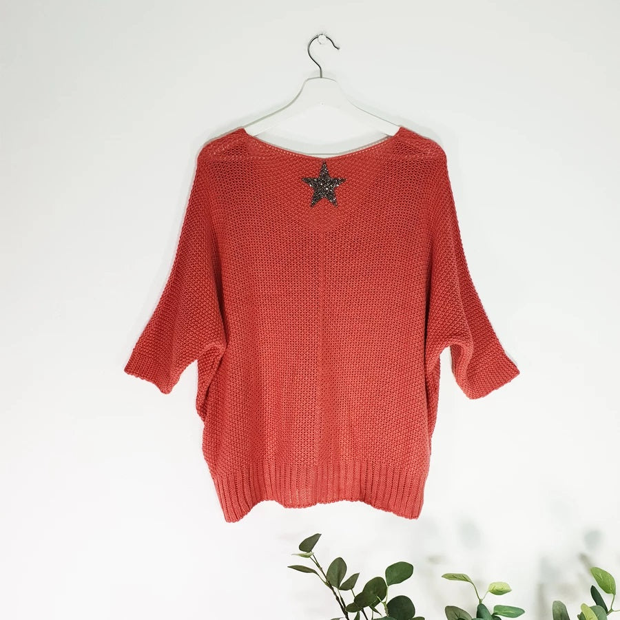 Blush crochet knit batwing jumper with crystal star on back