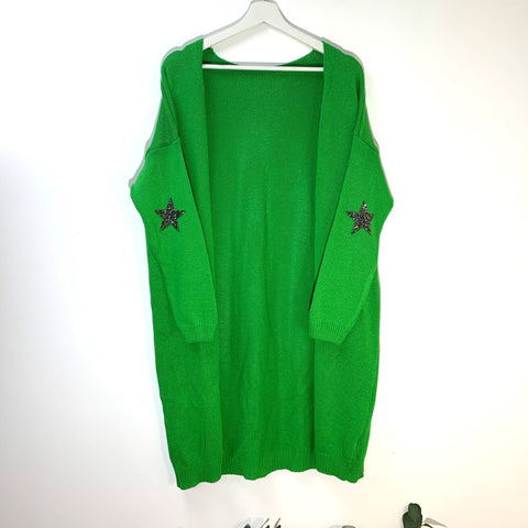long knitted cardigan in bright green with sparkly stars on the sleeves 