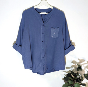 denim blue cheesecloth shirt with sequin pocket