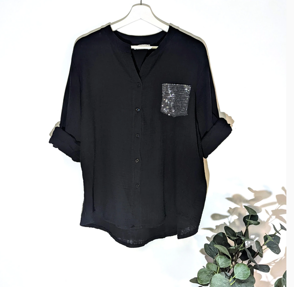 Black cheesecloth shirt with sequin pocket