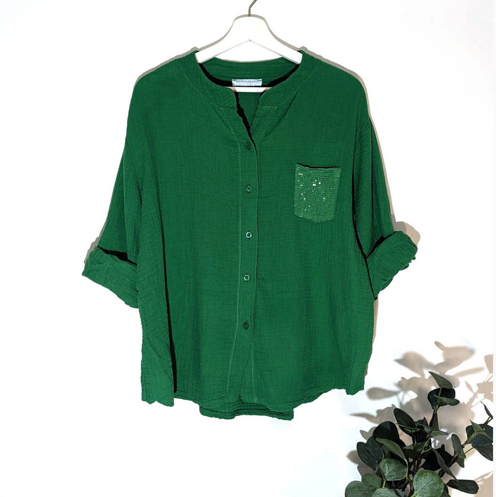 Green cheesecloth shirt with sequin pocket