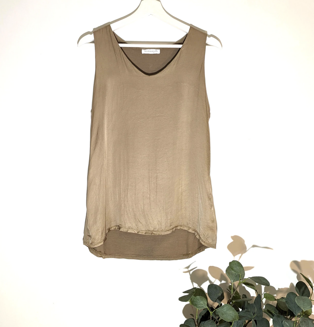 caramel taupe satin front v neck top