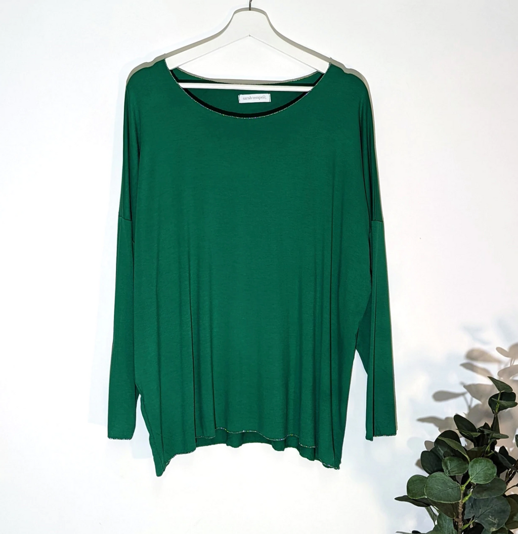 green super soft cotton long sleeve top with silver trim