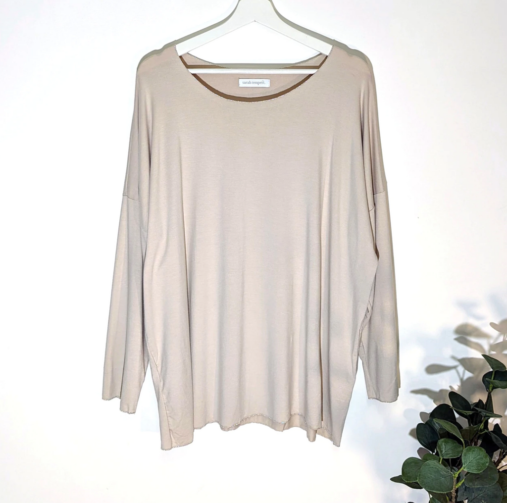Beige super soft cotton long sleeve top with silver trim