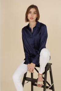 Long Sleeve Satin Shirt - Navy