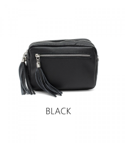 black leather rectangle cross body bag with tassels 