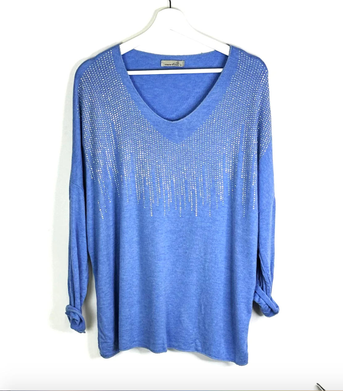 Blue long sleeve fine knit top with crystal detail on neckline and shoulders 