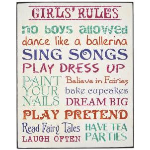 Wall sign with various girls rules written in pink green red and blue