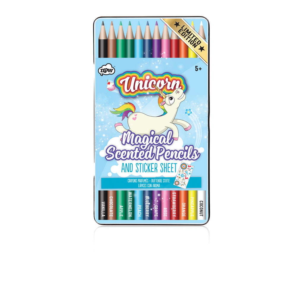 Tin of scented pencils with stickers and with unicorn on tin