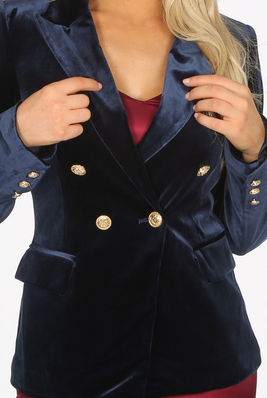 velvet double breasted blazer in navy with gold buttons