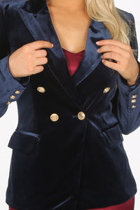 velvet double breasted blazer in navy with gold buttons