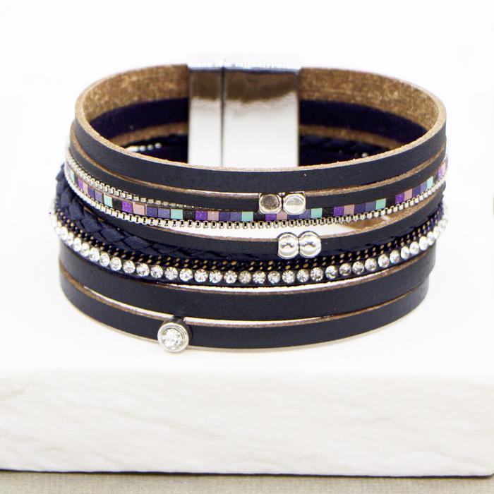 Multi strand navy leather bracelet with crystals coloured beads and magnetic clasp