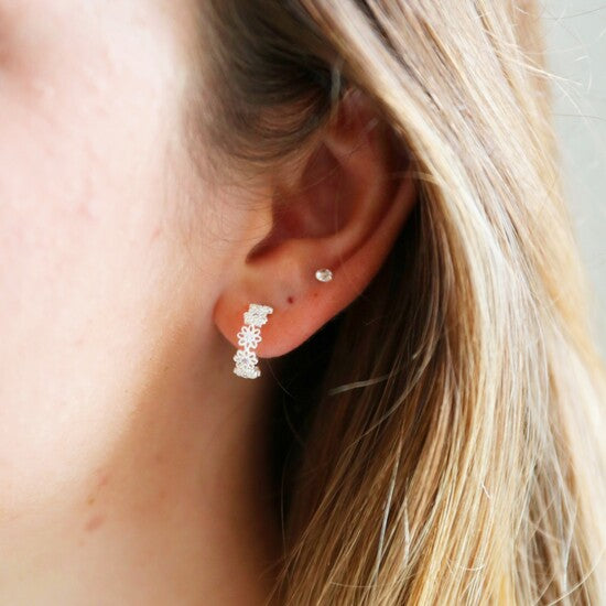 Crystal Daisy Huggie Hoops - Silver