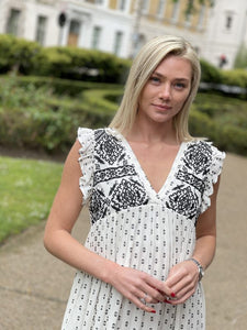 Black and white embroidered boho maxi dress