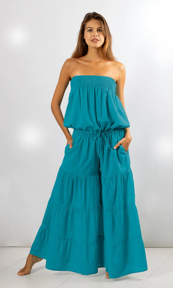 model wearing bardot style long wide leg summer cotton jumpsuit with tie waist in  aqua