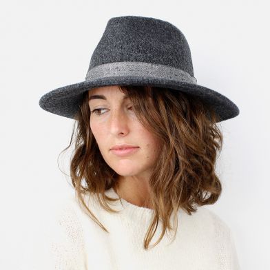 Model wearing grey wool sparkly fedora hat with silver sparkly band